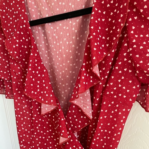 Red Chiffon Wrap Dress w/ Tiny White Hearts - Picture 2 of 2